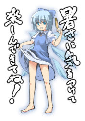 Rule 34 | 1girl, barefoot, blue eyes, blue hair, bow, cea se, cirno, clothes lift, dress, dress lift, embodiment of scarlet devil, female focus, food, full body, gradient background, hair bow, ice, matching hair/eyes, popsicle, short hair, sketch, skirt, skirt lift, solo, touhou, translation request, white background, wings