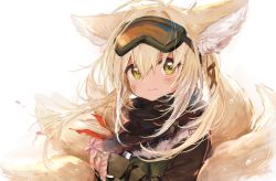 Rule 34 | 1girl, absurdres, animal ears, arknights, black scarf, blonde hair, brown gloves, closed mouth, commentary, fingerless gloves, flower, fox ears, fox tail, furuderi mayono, gloves, goggles, goggles on head, green eyes, hands up, highres, holding, holding flower, kitsune, kyuubi, long hair, long sleeves, looking at viewer, multiple tails, official alternate costume, orange-tinted eyewear, pink flower, scarf, smile, solo, suzuran (arknights), suzuran (lostlands flowering) (arknights), tail, tinted eyewear, upper body, white background