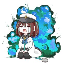 Rule 34 | 1girl, akoya matama, black thighhighs, blue fire, brown hair, chibi, crying, explosion, fire, full body, hair ornament, hat, highres, jacket, loco musica, mahou shoujo ni akogarete, microphone, military hat, multicolored hair, open mouth, sailor collar, seiza, short hair, simple background, sitting, solo, streaked hair, streaming tears, tears, thighhighs, wavy mouth, white background, white jacket, yamine alice