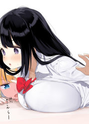 Rule 34 | 2girls, black hair, blonde hair, blue eyes, blush, bow, bowtie, breasts, commentary request, dress shirt, huge breasts, kaisen chuui, long hair, long sleeves, multiple girls, open mouth, original, purple eyes, red bow, red neckwear, school uniform, shirt, simple background, translation request, white background