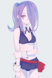 Rule 34 | 10s, 1girl, adapted costume, alternate costume, arm grab, bare shoulders, breasts, cleavage, grey background, hair over one eye, little witch academia, medium breasts, navel, ponytail, purple hair, red eyes, solo, sou (tuhut), sucy manbavaran, wrist cuffs