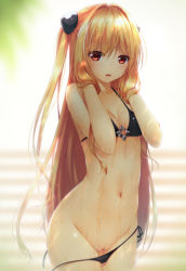 Rule 34 | 10s, 1girl, bad id, bad pixiv id, bikini, black bikini, blonde hair, blush, breasts, cleavage, cleft of venus, cowboy shot, groin, hair intakes, hair ornament, hands in hair, highres, hip focus, konjiki no yami, long hair, looking at viewer, navel, open mouth, pussy, red eyes, shokuyou mogura, shueisha, side-tie bikini bottom, small breasts, solo, swimsuit, to love-ru, to love-ru darkness, twintails, two side up, uncensored, untied bikini, very long hair, wet