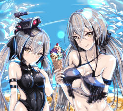 Rule 34 | 2girls, :p, breasts, cleavage, destroyer (girls&#039; frontline), food, gaia (girls&#039; frontline), girls&#039; frontline, highres, ice cream, large breasts, long hair, looking at viewer, medium breasts, multiple girls, navel, sangvis ferri, silver hair, swimsuit, tongue, tongue out, twintails