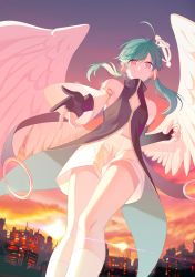 Rule 34 | 1boy, absurdres, ahoge, angel, angel wings, bare shoulders, black gloves, black jacket, collarbone, commentary request, elbow gloves, feathered wings, fingerless gloves, from below, gloves, green hair, hair ornament, highres, jacket, lemonpear, male focus, navel, original, shorts, smile, sunset, trap, twintails, white shorts, wings