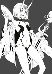 Rule 34 | 1girl, absurdres, areaaaron, bare shoulders, blunt bangs, bob cut, breasts, cup, diadem, fate/grand order, fate (series), grey background, greyscale, highres, holding, holding sword, holding weapon, horns, japanese clothes, kimono, licking lips, long sleeves, looking at viewer, monochrome, navel, open clothes, open kimono, sakazuki, short hair, shuten douji (fate), simple background, small breasts, smile, solo, standing, sword, tongue, tongue out, weapon