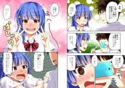 Rule 34 | 1boy, 1girl, :d, arai harumaki, blue hair, blush, brown eyes, brown hair, cellphone, comic, crying, crying with eyes open, double v, hair ornament, hairclip, hands on another&#039;s shoulders, highres, hirayama misaki, long hair, open mouth, original, phone, school uniform, short hair, short sleeves, smile, sweat, sweatdrop, tears, translation request, v