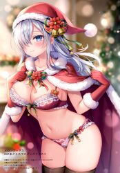 Rule 34 | 1girl, absurdres, bell, black thighhighs, blue eyes, blurry, blurry background, bokeh, bow, bow bra, bowtie, bra, breasts, cape, christmas, cleavage, closed mouth, cowboy shot, depth of field, fur-trimmed cape, fur-trimmed gloves, fur trim, gloves, hair over one eye, hands up, hat, highres, lace trim, large breasts, lingerie, long hair, looking at viewer, mitsuba choco, navel, original, parted bangs, red bra, red cape, red gloves, red hat, santa hat, scan, sidelocks, sister-chan (mitsuba choco), skindentation, smile, solo, spaghetti strap, standing, stomach, string bra, thighhighs, thighs, underwear, underwear only, white hair