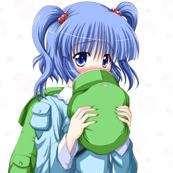 Rule 34 | 1girl, backpack, bag, blue hair, blush, bococho, covering privates, covering face, embarrassed, female focus, hair bobbles, hair ornament, hat, unworn hat, unworn headwear, holding, holding clothes, holding hat, kawashiro nitori, pocket, randoseru, short hair, shy, simple background, solo, touhou, twintails, two side up, upper body, white background