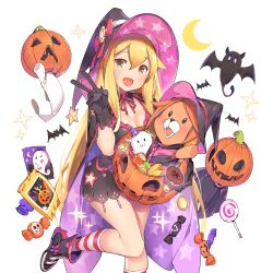 Rule 34 | 1girl, :d, bat (animal), black dress, black gloves, blonde hair, blush, breasts, candy, capelet, cleavage, crescent moon, dress, food, gloves, green eyes, halloween, jack-o&#039;-lantern, kneehighs, large breasts, long hair, looking at viewer, magi mitras, moon, official art, open mouth, popqn, short dress, smile, socks, solo, standing, standing on one leg, striped clothes, striped socks, stuffed animal, stuffed lion, stuffed toy, transparent background, uchi no hime-sama ga ichiban kawaii, v, very long hair