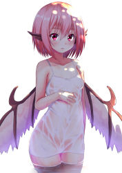 Rule 34 | 1girl, animal ears, blush, breasts, chemise, ebi 193, looking at viewer, mystia lorelei, pink hair, red eyes, revision, see-through, short hair, simple background, small breasts, solo, touhou, wading, water, wet, white background, wings