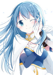 Rule 34 | 1girl, ;), ^^^, aged up, alternate hair length, alternate hairstyle, arms up, ayumaru (art of life), blue eyes, blue hair, blue theme, blush, breasts, cape, dot nose, fingernails, frills, gloves, hair between eyes, hand on another&#039;s cheek, hand on another&#039;s face, hands on another&#039;s wrists, happy, head tilt, highres, long hair, looking at another, looking to the side, magia record: mahou shoujo madoka magica gaiden, mahou shoujo madoka magica, medium breasts, miki sayaka, one eye closed, shiny skin, simple background, smile, solo, sparkle, sparkle background, standing, straight hair, strapless, surprised, upper body, very long hair, white background, white cape, white gloves, wristband