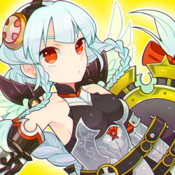 Rule 34 | 1girl, armor, armpits, bad id, bad pixiv id, bare shoulders, blue hair, bow, braid, feathered wings, gauntlets, hair bow, hair ornament, leaf, leaf hair ornament, light valkyrie (p&amp;d), long hair, nagare750, orange eyes, puzzle &amp; dragons, red bow, shield, single braid, sleeveless, solo, twin braids, upper body, valkyrie, valkyrie (p&amp;d), wings, yellow background