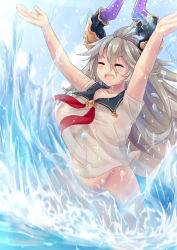 Rule 34 | 1girl, ahoge, arms up, blouse, blue sailor collar, blush, breasts, closed eyes, collarbone, covered erect nipples, covered navel, draph, dunceneygak, granblue fantasy, hair between eyes, highres, horns, large breasts, long hair, naked shirt, neckerchief, no bra, no panties, open mouth, red neckerchief, sailor collar, see-through, shirt, silver hair, smile, solo, splashing, teeth, threo (granblue fantasy), very long hair, water, wet, wet clothes, wet shirt, white shirt
