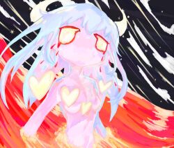 Rule 34 | 1girl, 404scum, abstract, ambiguous red liquid, blue hair, colored sclera, colored skin, completely nude, crying, demon horns, facing viewer, heart, highres, horns, light blue hair, long hair, no lineart, no mouth, no nose, no pupils, nude, original, partially submerged, pink skin, sidelocks, star (symbol), surreal, upper body, white horns, yellow eyes, yellow sclera
