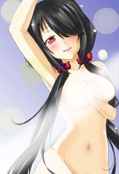 Rule 34 | 10s, 1girl, arm above head, black hair, blue background, blush, breasts, completely nude, date a live, groin, hand on own chest, highres, large breasts, leixue kongling, lens flare, light censor, long hair, navel, nude, out-of-frame censoring, red eyes, solo, tokisaki kurumi, twintails
