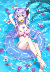 Rule 34 | 1girl, alternate costume, arms up, barefoot, bikini, black bow, blue hair, blue innertube, blue theme, blush, bow, braid, breasts, cleavage, collarbone, commentary, crown braid, curvy, english commentary, eyelashes, eyes visible through hair, flower, flower in mouth, frilled bikini, frills, from above, full body, hair between eyes, hair bow, hair ornament, hair spread out, knees up, large breasts, leaning back, legs together, long hair, looking at viewer, mitsuyo (mituyo324), nail polish, on innertube, palm leaf, pink bikini, purple flower, purple nails, red eyes, red tassel, sidelocks, sitting, soaking feet, sorakado ao, sparkle, summer pockets, swimsuit, tassel, tassel hair ornament, thighs, toenail polish, toenails, transparent innertube, very long hair, water, white flower, yellow flower