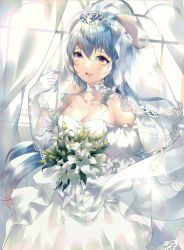 Rule 34 | 1girl, :d, absurdres, blue hair, bouquet, breasts, bridal veil, bride, cleavage, commentary, curled horns, curtains, dress, elbow gloves, flower, ganyu (genshin impact), genshin impact, gloves, hair between eyes, highres, holding, holding bouquet, horns, long hair, medium breasts, off-shoulder dress, off shoulder, open mouth, puffy short sleeves, puffy sleeves, red eyes, rhea (0u0), see-through, short sleeves, smile, solo, symbol-only commentary, tiara, transparent, veil, very long hair, wedding dress, white dress, white flower, white gloves, window