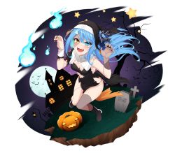 Rule 34 | 1girl, :d, absurdres, bare tree, bat (animal), black dress, blue eyes, blue hair, breasts, claw pose, commentary, dress, english commentary, fangs, fingernails, full moon, grass, habit, hair between eyes, hair ornament, hairclip, halloween, healther, heterochromia, highres, hitodama, jack-o&#039;-lantern, long hair, looking at viewer, medium breasts, moon, night, nun, open mouth, original, outdoors, patchwork skin, robe, sharp fingernails, sky, smile, solo, star (sky), star (symbol), starry sky, tombstone, torn clothes, torn robe, tree, yellow eyes