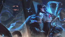 Rule 34 | 1girl, absurdres, alternate costume, alternate hairstyle, amekoi, black gloves, black hair, black skirt, blue skin, braid, cat mask, colored skin, gloves, gwen (league of legends), highres, holding, holding scissors, indoors, jacket, unworn jacket, league of legends, long hair, magic, mask, mask on head, monster, neckerchief, needle, oversized object, paper, pleated skirt, puffy short sleeves, puffy sleeves, red neckerchief, school uniform, scissors, sewing needle, shirt, short sleeves, skirt, solo focus, standing, star (symbol), twin braids, twintails, white shirt