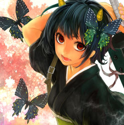 Rule 34 | 1girl, bad id, bad pixiv id, black hair, bug, butterfly, club, club (weapon), fang, gedomaru, gintama, highres, horns, insect, japanese clothes, kanabou, kimono, male focus, oni, red eyes, solo, tcb, upper body, weapon