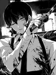 Rule 34 | 1boy, absurdres, artist name, blood, blood on clothes, blood on face, breast pocket, chainsaw man, cigarette, clip studio paint (medium), collared shirt, expressionless, greyscale, hair between eyes, hand up, hayakawa aki, highres, holding, holding sword, holding weapon, long sleeves, looking at viewer, male focus, monochrome, mouth hold, necktie, one eye closed, parted lips, pocket, shirt, solo, suspenders, sword, topknot, upper body, wano (azayakam), weapon