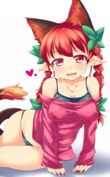 Rule 34 | 1girl, animal ears, bad id, bad twitter id, breasts, casual, cat ears, cat tail, collarbone, fang, fangs, heart, highres, kaenbyou rin, konata gazel, nail polish, off shoulder, pointy ears, red eyes, red hair, red nails, solo, tail, touhou