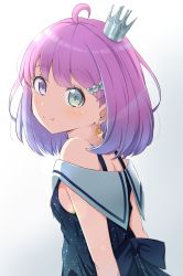 Rule 34 | 1girl, absurdres, ahoge, bare shoulders, blue dress, candy hair ornament, closed mouth, commentary, crescent, crescent earrings, crown, dress, earrings, food-themed hair ornament, from side, gradient hair, green eyes, hair ornament, heterochromia, highres, himemori luna, himemori luna (sundress), hololive, jewelry, looking at viewer, looking to the side, medium hair, multicolored hair, official alternate hair length, official alternate hairstyle, purple eyes, purple hair, sailor collar, sailor dress, sleeveless, sleeveless dress, smile, solo, suzuka (suzukawu), tilted headwear, virtual youtuber, white sailor collar
