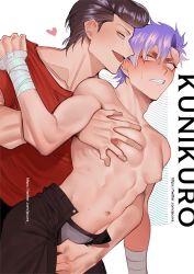 Rule 34 | 2boys, adam&#039;s apple, asymmetrical bangs, bandages, black eyes, black hair, black pants, blush, briefs, collarbone, cowboy shot, dotsuco, grimace, groping, hair intakes, hand on another&#039;s chest, highres, light purple hair, male focus, male underwear, multiple boys, navel, nipples, open fly, original, pants, pectorals, pompadour, purple eyes, red shirt, shirt, short hair, short sleeves, smile, sweat, teeth, thick eyebrows, toned, toned male, topless male, tsurime, underwear, yaoi