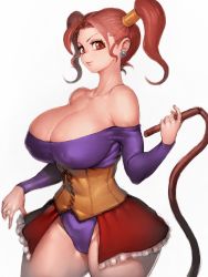 Rule 34 | 1girl, adapted costume, bare shoulders, breasts, brown eyes, brown hair, cleavage, collarbone, corset, cowboy shot, curvy, dragon quest, dragon quest viii, earrings, covered erect nipples, female focus, fumio (rsqkr), highres, holding whip, jessica albert, jewelry, large breasts, leotard, long sleeves, looking at viewer, matching hair/eyes, simple background, skirt, solo, thick thighs, thighs, twintails, whip, white background, wide hips