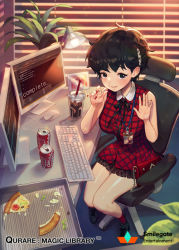 Rule 34 | 1girl, arms up, bag, bell pepper, bell pepper slice, black eyes, black footwear, black hair, black ribbon, blurry, bokeh, breasts, buttons, can, chair, checkered clothes, checkered dress, cheese, coca-cola, collared dress, copyright name, dayoungbyun, depth of field, drawing (object), dress, drink, drink can, drinking straw, dual monitor, food, from above, hair ornament, hairclip, handbag, holding, holding food, holding pizza, indoors, keyboard (computer), knees together feet apart, lamp, lanyard, large breasts, leaf, light, looking at viewer, monitor, morning, mouse (computer), nail polish, office chair, olive, open mouth, pepper, pepperoni, peter pan collar, picture frame, pizza, pizza box, pizza slice, plant, purple socks, qurare magic library, red dress, red nails, ribbon, shoes, short hair, sitting, sleeveless, sleeveless dress, socks, soda can, solo, steam, sunlight, swivel chair, watch, window blinds, wing collar, wristwatch