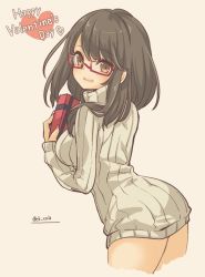 Rule 34 | 1girl, bad id, bad twitter id, blush, closed mouth, commentary, conomi-c5, cowboy shot, cropped legs, english commentary, from side, gift, glasses, happy valentine, heart, heart hands, holding, holding gift, leaning forward, light blush, long hair, long sleeves, looking at viewer, looking back, no pants, original, red-framed eyewear, ribbed sweater, semi-rimless eyewear, simple background, smile, solo, standing, sweater, tan background, turtleneck, twitter username, under-rim eyewear, valentine, white sweater