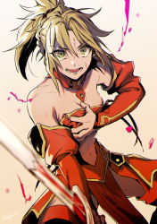 Rule 34 | 1girl, armor, blonde hair, blood, blood on face, boots, bra, breasts, choker, clarent (fate), cleavage, collarbone, covering privates, covering breasts, detached sleeves, fate/apocrypha, fate (series), faulds, green eyes, hair ornament, hair scrunchie, holding, holding sword, holding weapon, long hair, long sleeves, looking at viewer, medium breasts, midriff, mordred (fate), mordred (fate/apocrypha), navel, open bra, open mouth, ponytail, red bra, red scrunchie, red sleeves, scrunchie, solo, stomach, strapless, strapless bra, sword, thigh boots, thighhighs, underwear, open bra, weapon, yodokawa (yukko)