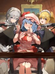 Rule 34 | 3girls, absurdres, bat wings, black wings, blonde hair, blue dress, blue eyes, blue hair, blush, braid, closed mouth, curry, curry rice, dress, flandre scarlet, food, grey hair, hat, highres, holding, holding spoon, holding tray, izayoi sakuya, kurowa (curowa), long hair, maid, maid headdress, mob cap, multiple girls, open mouth, pink dress, pink headwear, pointy ears, red eyes, remilia scarlet, rice, short hair, short sleeves, siblings, side ponytail, sisters, sitting, smile, spoon, touhou, tray, twin braids, wings