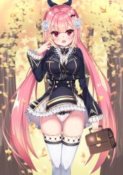 Rule 34 | 1girl, absurdres, autumn, autumn leaves, bag, blush, breasts, chii aruel, hair ornament, hairclip, highres, large breasts, long hair, open mouth, outdoors, panties, pink eyes, pink hair, satchel, school uniform, skirt, soulworker, thigh gap, thighhighs, tia (4017342), twintails, underwear, very long hair, white panties, white thighhighs