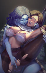 Rule 34 | 2girls, absurdres, after kiss, armpits, blue eyes, blue hair, blue nails, blue skin, bra, breasts, brown hair, cloak, colored skin, elden ring, extra ears, extra faces, fingering, fingernails, fur cloak, h.an (516635864), highres, jewelry, large breasts, lips, melina (elden ring), multiple girls, multiple hands, nail polish, navel, nipple stimulation, nipple tweak, one eye closed, open mouth, pantyhose, pussy juice, ranni the witch, restrained, ring, saliva, saliva trail, signature, sweat, torn clothes, torn legwear, underwear, white bra, yuri