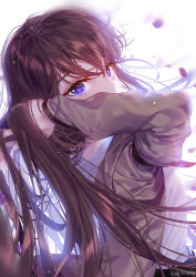 Rule 34 | 1girl, blue eyes, brown coat, brown hair, coat, commentary request, from side, hair between eyes, hand in own hair, kiwikong, long hair, long sleeves, makise kurisu, open clothes, open coat, petals, shirt, signature, solo, steins;gate, very long hair, white background, white shirt