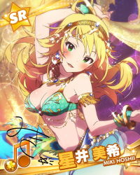Rule 34 | 10s, 1girl, ahoge, armlet, beamed quavers, blonde hair, blush, bracelet, breasts, card (medium), character name, character signature, cleavage, dancer, dancing, earrings, green eyes, harem outfit, harem pants, headband, hoshii miki, idolmaster, idolmaster (classic), idolmaster million live!, jewelry, long hair, looking at viewer, musical note, navel, necklace, official art, pants, signature