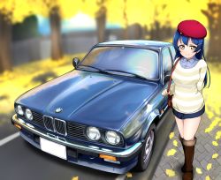Rule 34 | 1girl, autumn, beret, blue hair, blush, bmw, bmw 320i, bmw 3 series, bmw e30, bmw m3, boots, car, commentary request, hat, highres, long hair, looking at viewer, love live!, love live! school idol project, motor vehicle, smile, solo, sonoda umi, standing, striped, swept bangs, vehicle focus, yellow eyes
