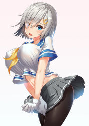 Rule 34 | 10s, 1girl, blue eyes, breasts, covered erect nipples, grey background, hair ornament, hair over one eye, hairclip, hamakaze (kancolle), highres, impossible clothes, impossible shirt, kantai collection, large breasts, pantyhose, shirt, short hair, silver hair, simple background, skirt, solo, tako seijin