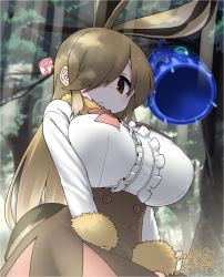 Rule 34 | 10s, animal ears, artist name, breasts, brown eyes, brown hair, brown skirt, cellien (kemono friends), dappled sunlight, dated, day, european hare (kemono friends), extra ears, forest, frilled shirt, frills, fur-trimmed sleeves, fur collar, fur trim, hair over one eye, high-waist skirt, highres, kemono friends, large breasts, light rays, long hair, long sleeves, looking at viewer, nature, outdoors, rabbit ears, rabbit tail, shirt, signature, skirt, solo, sunbeam, sunlight, tail, tree, very long hair, yoshida hideyuki