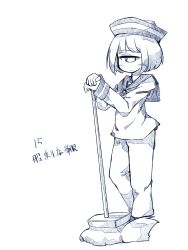 Rule 34 | 1girl, blunt bangs, blush, cyclops, full body, greyscale, hat, highres, monochrome, mop, one-eyed, original, sailor, sailor hat, shima (sh1mamu), simple background, sketch, solo, standing, tareme, white background