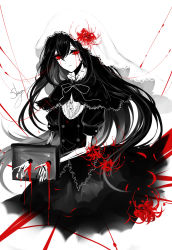 Rule 34 | 1girl, absurdres, akemi homura, akemi homura (black dress), alternate eye color, artist name, bad id, bad pixiv id, black capelet, black dress, black hair, blood, capelet, colored skin, commentary, cowboy shot, dress, eyelashes, flower, funeral dress, hair between eyes, hair flower, hair ornament, highres, limited palette, long hair, looking at viewer, mahou shoujo madoka magica, mahou shoujo madoka magica: hangyaku no monogatari, petals, puffy short sleeves, puffy sleeves, red eyes, red flower, ribbon, sheya, short sleeves, signature, simple background, skeletal arm, solo, spoilers, spot color, stocks, symbol-only commentary, veil, very long hair, weibo logo, weibo watermark, white background, white skin