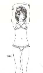 Rule 34 | 1girl, arms up, blush, bra, cowboy shot, greyscale, highres, hiro (dismaless), lineart, long hair, looking at viewer, monochrome, navel, nib pen (medium), panties, simple background, solo, traditional media, underwear, underwear only, white background