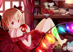 Rule 34 | 1girl, alternate costume, apple, bare shoulders, barefoot, bed sheet, blonde hair, blush, book, bookshelf, bow, commentary request, crystal, curtains, desk, desk lamp, dress, flandre scarlet, food, frilled dress, frills, fruit, givuchoko, glowing, hair between eyes, hair bow, hands up, holding, holding food, holding fruit, indoors, lamp, long hair, looking at viewer, looking back, off-shoulder dress, off shoulder, red apple, red bow, red dress, red eyes, shiny skin, solo, stuffed animal, stuffed elephant, stuffed toy, teddy bear, touhou, window, wings, wrist cuffs
