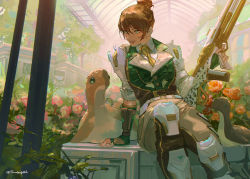 Rule 34 | 1girl, animification, apex legends, belt, blue eyes, blush, breasts, brown hair, brown necktie, brown pants, collared shirt, energy gun, flower, gun, hair behind ear, hair bun, highres, holding, holding gun, holding weapon, leaning back, looking down, medium breasts, necktie, official alternate costume, pants, parted lips, red flower, red rose, rifle, rose, shirt, sitting, smile, sniper rifle, solo, stuffed toy, thundergotch, triple take, veteran voyager wraith, weapon, white belt, white shirt, wraith (apex legends)