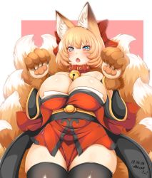 Rule 34 | 1girl, animal ear fluff, animal ears, animal hands, artist name, bare shoulders, bell, black thighhighs, blonde hair, blush, breasts, claws, cleavage, collar, cosplay, curvy, dated, fate/grand order, fate (series), fox ears, fox tail, hands up, japanese clothes, jingle bell, kimono, large breasts, looking at viewer, multiple tails, neck bell, no headwear, open mouth, pink background, sash, signature, solo, sweat, tail, tamamo (fate), tamamo cat (fate), tamamo cat (fate) (cosplay), tamamo cat (first ascension) (fate), thighhighs, touhou, two-tone background, white background, wide hips, wide sleeves, wildcat (kusonemi), yakumo ran, yellow eyes