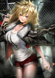 Rule 34 | 1girl, absurdres, animal ears, arknights, black choker, black jacket, black nails, blonde hair, breasts, brown eyes, candy, chain-link fence, choker, cleavage, commentary request, cowboy shot, fence, food, fur-trimmed jacket, fur trim, hair between eyes, highres, holding, holding food, holding weapon, jacket, kos-owl, large breasts, lion ears, lion tail, lollipop, long hair, looking at viewer, nail polish, over shoulder, partial commentary, red shorts, shirt, short shorts, shorts, siege (arknights), solo, standing, tail, thighs, weapon, weapon over shoulder, white shirt