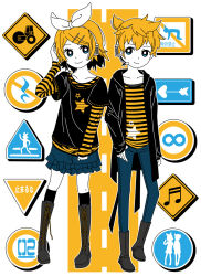 Rule 34 | 1boy, 1girl, blonde hair, blue eyes, boots, brother and sister, infinity symbol, kagamine len, kagamine rin, m-minato, pants, ribbon, road sign, siblings, sign, skirt, smile, thighhighs, twins, vocaloid