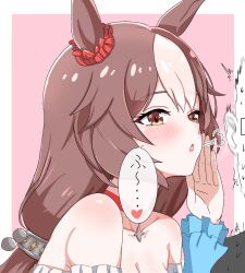 Rule 34 | 1boy, 1girl, ^^^, animal ears, blush, breasts, brown hair, cleavage, collarbone, commentary request, detached sleeves, flinch, hair ornament, heart, heavy breathing, highres, horse ears, horse girl, low twintails, medium breasts, open mouth, simple background, solo focus, trainer (umamusume), translation request, tsumu618, twintails, umamusume, whispering, white background, yamanin zephyr (umamusume)