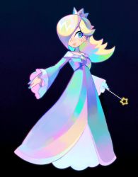 Rule 34 | 1girl, blonde hair, blue eyes, chest jewel, commentary, crown, denaseey, dress, english commentary, full body, hair over one eye, highres, holding, holding wand, jewelry, lips, long hair, long sleeves, looking at viewer, mario (series), nintendo, rosalina, smile, solo, standing, star (symbol), super mario galaxy, wand